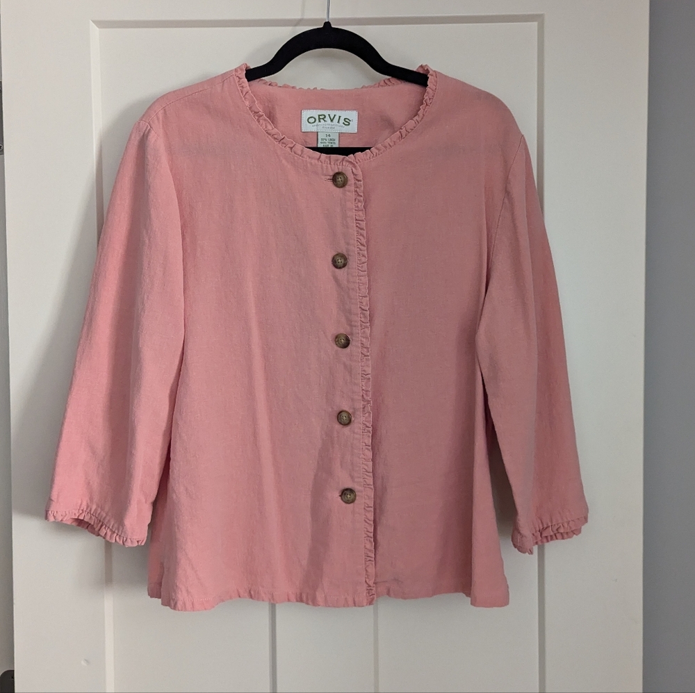 Vintage Orvis Pink pretty preppy Linen blend button up with ruffle trim sz 14